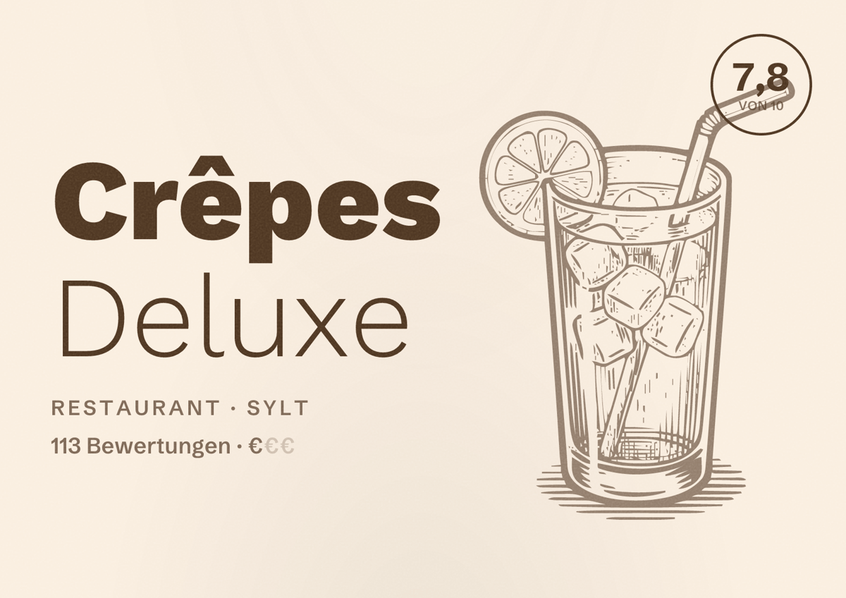 Illustriertes Poster von Crêpes Deluxe, Restaurant in Sylt: Bewertung 7,8 von 10 aus 113 Bewertungen, Preisniveau €