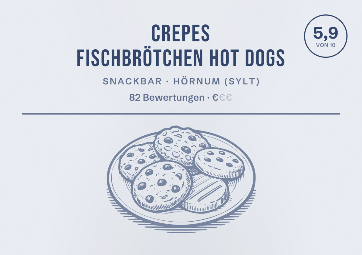 Illustriertes Poster von Crepes Fischbrötchen Hot Dogs, Snackbar in Hörnum (Sylt): Bewertung 5,9 von 10 aus 82 Bewertungen, Preisniveau €