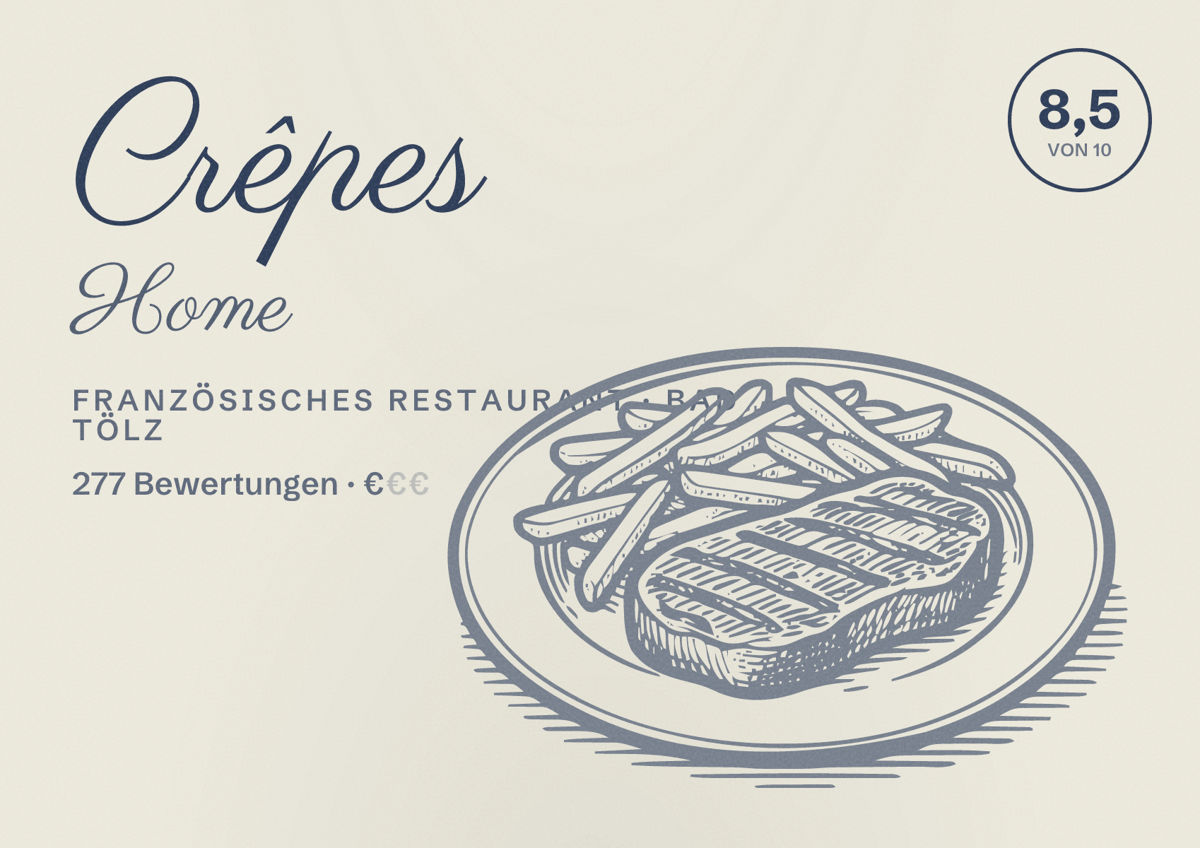 Illustriertes Poster von Crêpes Home, Französisches Restaurant in Bad Tölz: Bewertung 8,5 von 10 aus 277 Bewertungen, Preisniveau €