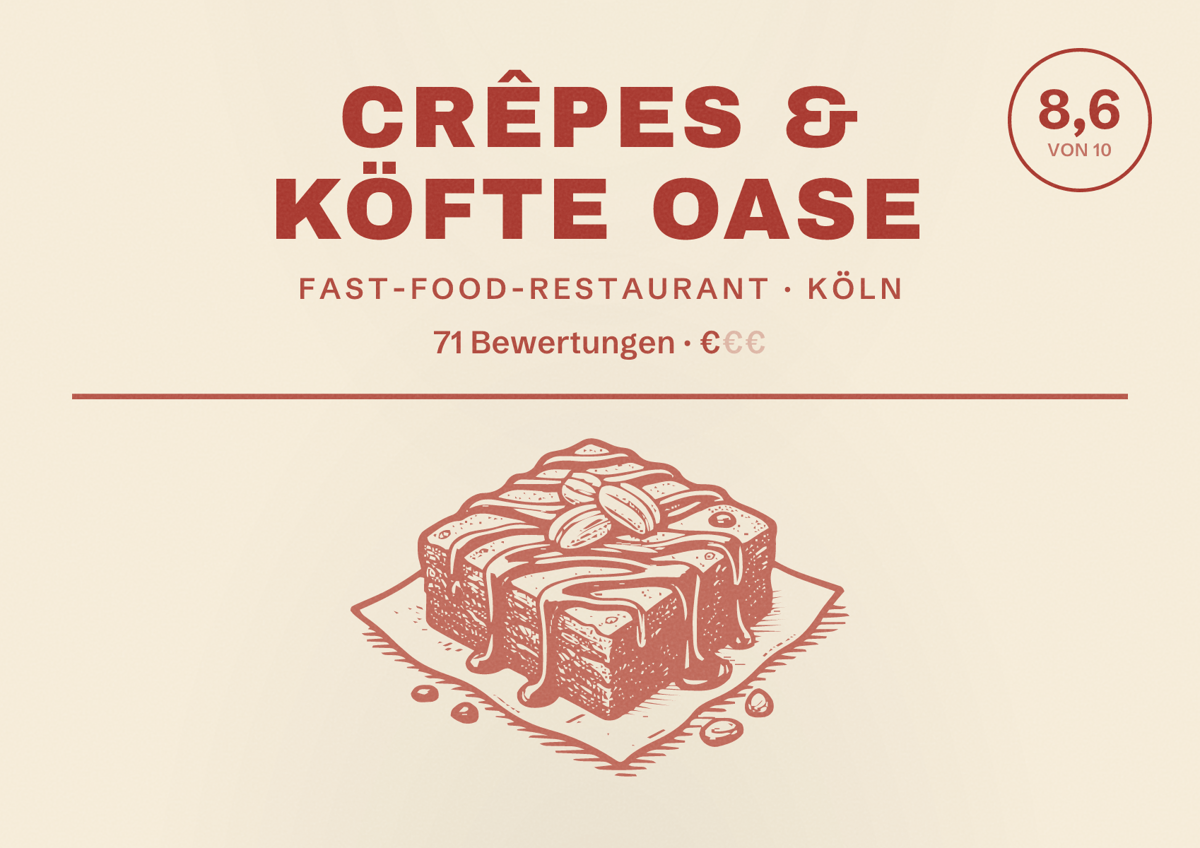Illustriertes Poster von Crêpes & Köfte Oase, Fast-Food-Restaurant in Köln: Bewertung 8,6 von 10 aus 71 Bewertungen, Preisniveau €