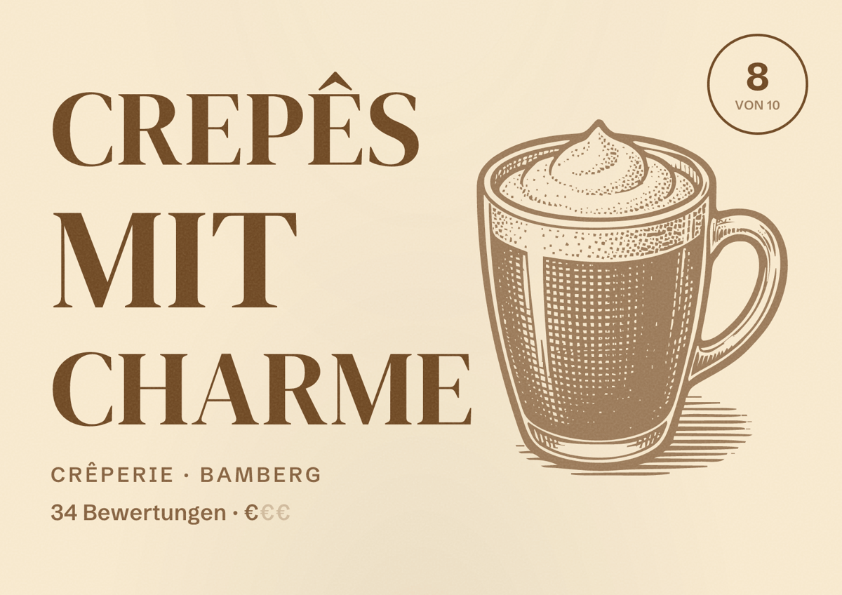 Illustriertes Poster von Crepês mit Charme, Crêperie in Bamberg: Bewertung 8 von 10 aus 34 Bewertungen, Preisniveau €