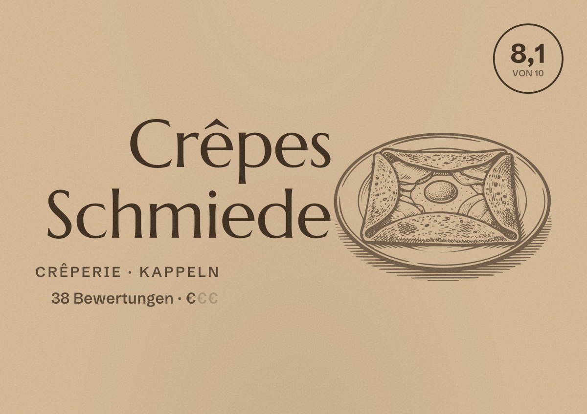 Illustriertes Poster von Crêpes Schmiede, Crêperie in Kappeln: Bewertung 8,1 von 10 aus 38 Bewertungen, Preisniveau €