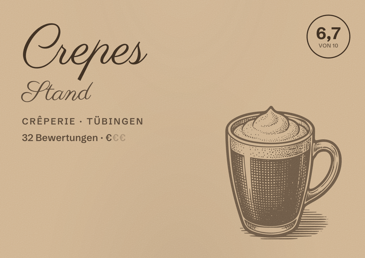 Illustriertes Poster von Crepes Stand, Crêperie in Tübingen: Bewertung 6,7 von 10 aus 32 Bewertungen, Preisniveau €
