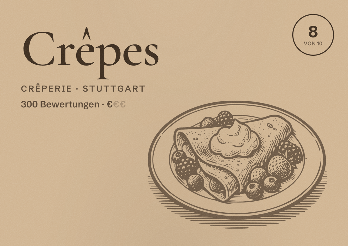 Illustriertes Poster von Crêpes, Crêperie in Stuttgart: Bewertung 8 von 10 aus 300 Bewertungen, Preisniveau €