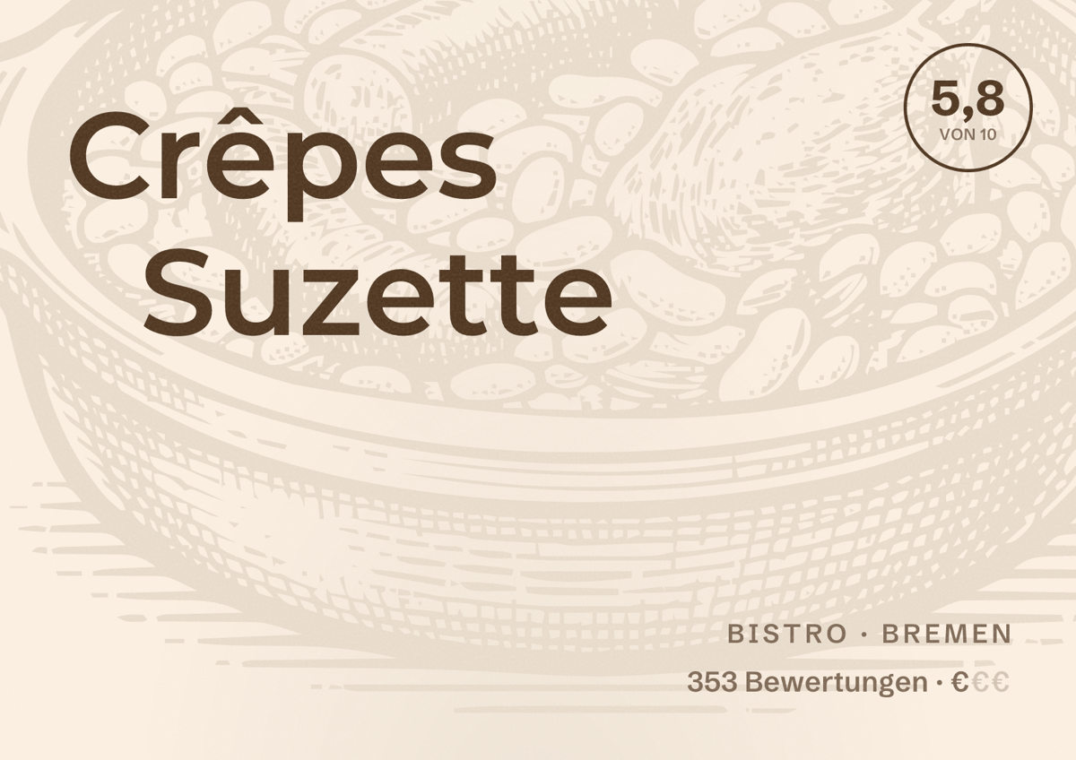 Illustriertes Poster von Crêpes Suzette, Bistro in Bremen: Bewertung 5,8 von 10 aus 353 Bewertungen, Preisniveau €