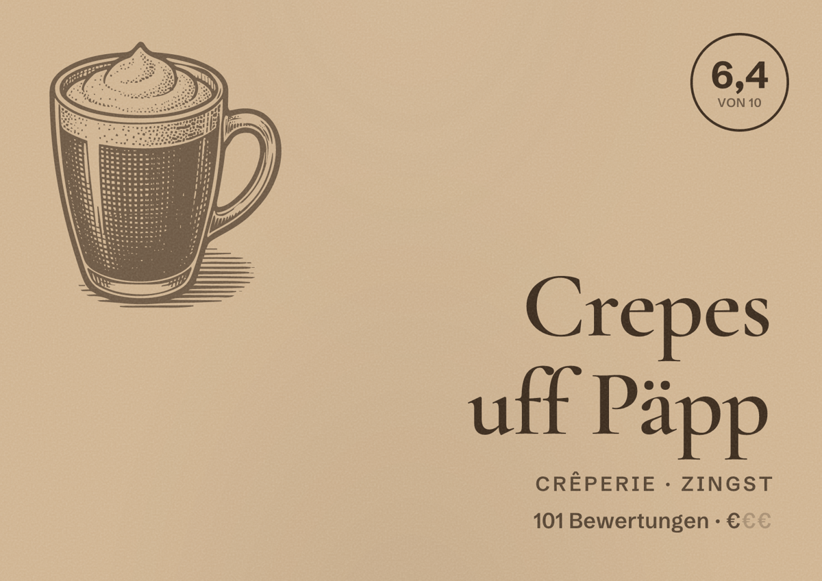 Illustriertes Poster von Crepes uff Päpp, Crêperie in Zingst: Bewertung 6,4 von 10 aus 101 Bewertungen, Preisniveau €