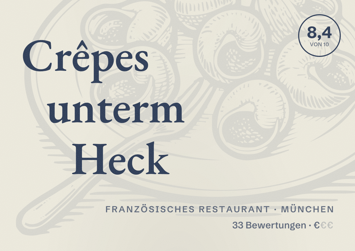 Illustriertes Poster von Crêpes unterm Heck, Französisches Restaurant in München: Bewertung 8,4 von 10 aus 33 Bewertungen, Preisniveau €
