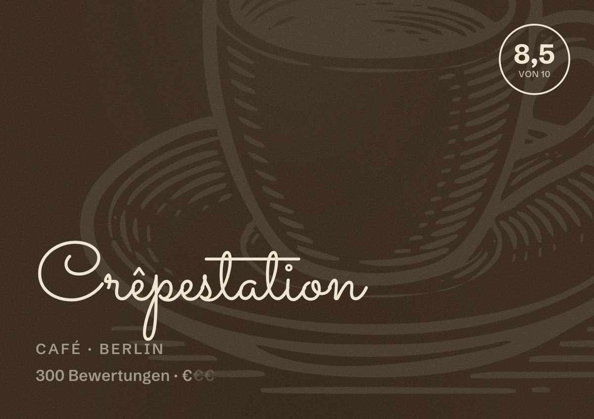 Illustriertes Poster von Crêpestation, Café in Berlin: Bewertung 8,5 von 10 aus 300 Bewertungen, Preisniveau €