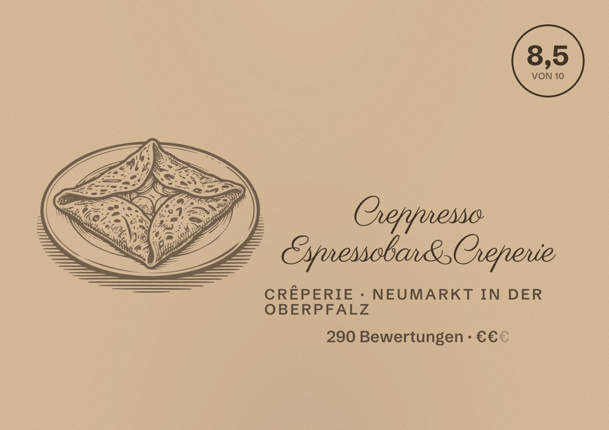 Illustriertes Poster von Creppresso Espressobar&Creperie, Crêperie in Neumarkt in der Oberpfalz: Bewertung 8,5 von 10 aus 290 Bewertungen, Preisniveau €€