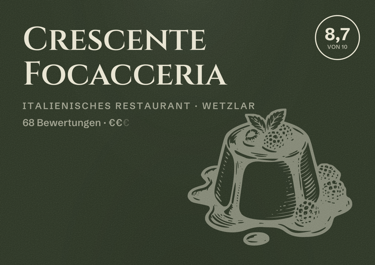 Illustriertes Poster von Crescente Focacceria, Italienisches Restaurant in Wetzlar: Bewertung 8,7 von 10 aus 68 Bewertungen, Preisniveau €€