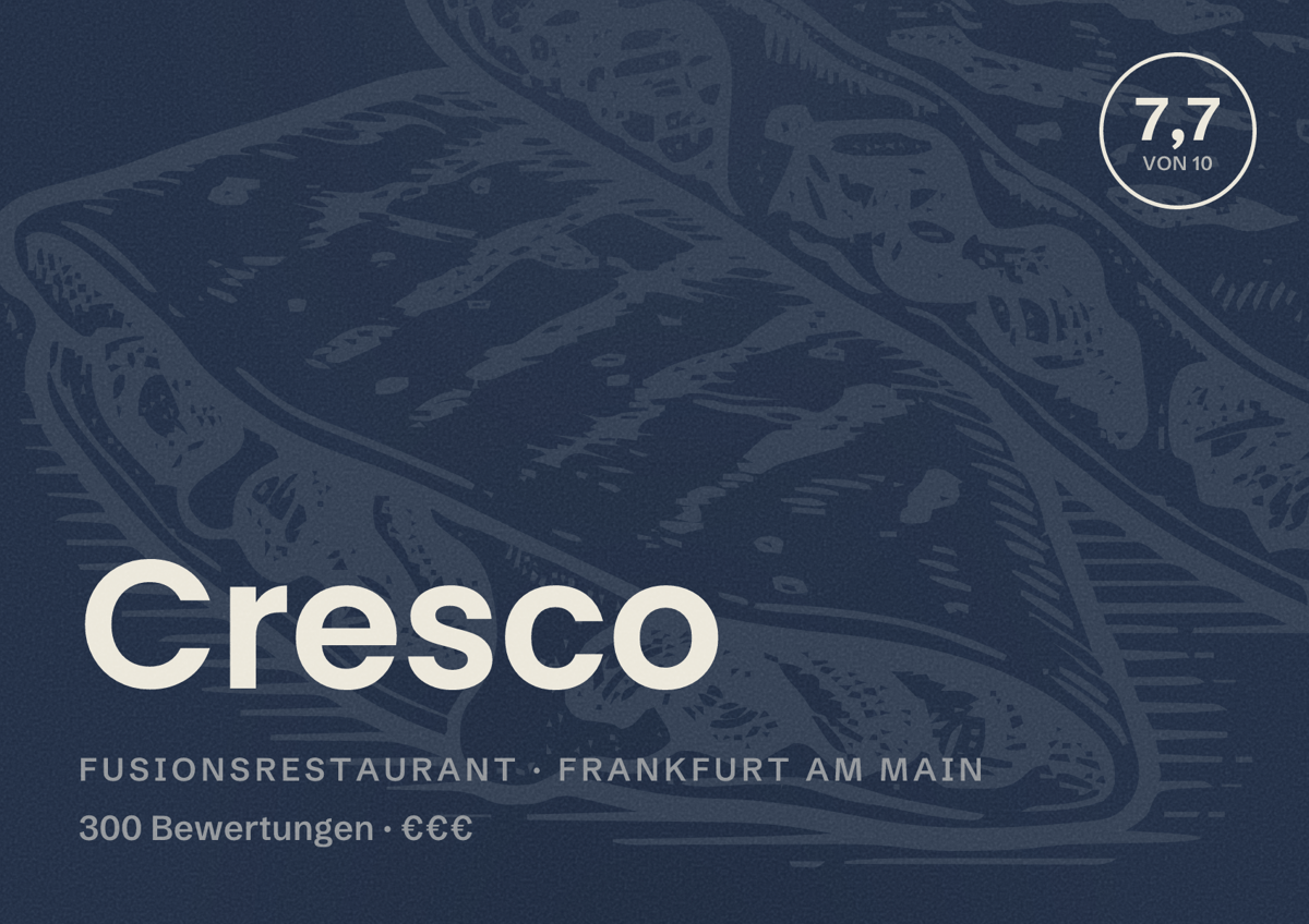 Illustriertes Poster von Cresco, Fusionsrestaurant in Frankfurt am Main: Bewertung 7,7 von 10 aus 300 Bewertungen, Preisniveau €€€