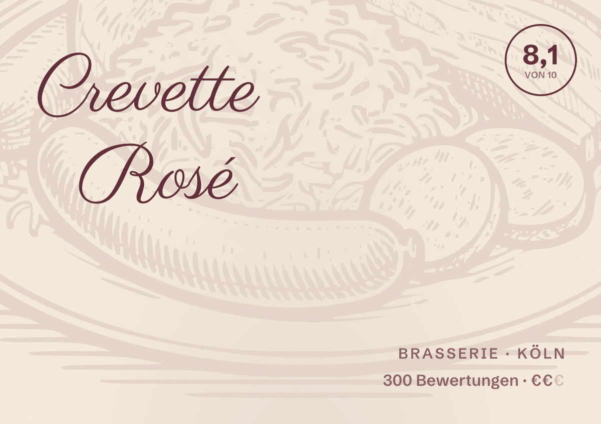 Illustriertes Poster von Crevette Rosé, Brasserie in Köln: Bewertung 8,1 von 10 aus 300 Bewertungen, Preisniveau €€