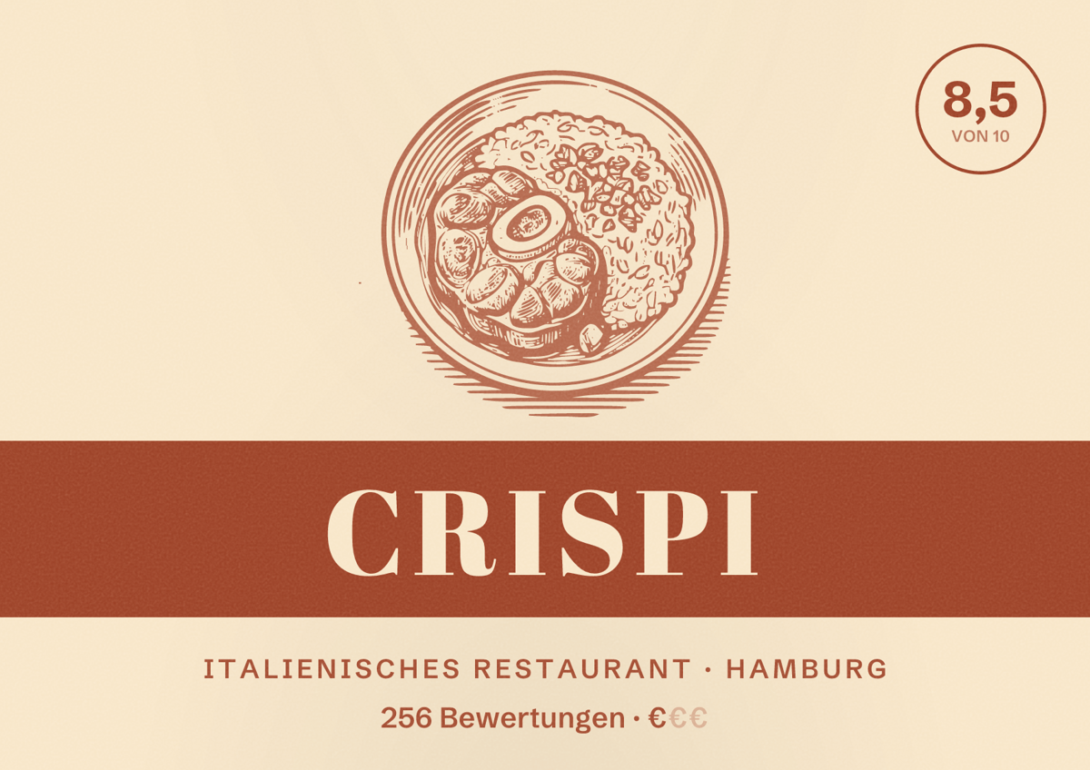 Illustriertes Poster von Crispi, Italienisches Restaurant in Hamburg: Bewertung 8,5 von 10 aus 256 Bewertungen, Preisniveau €