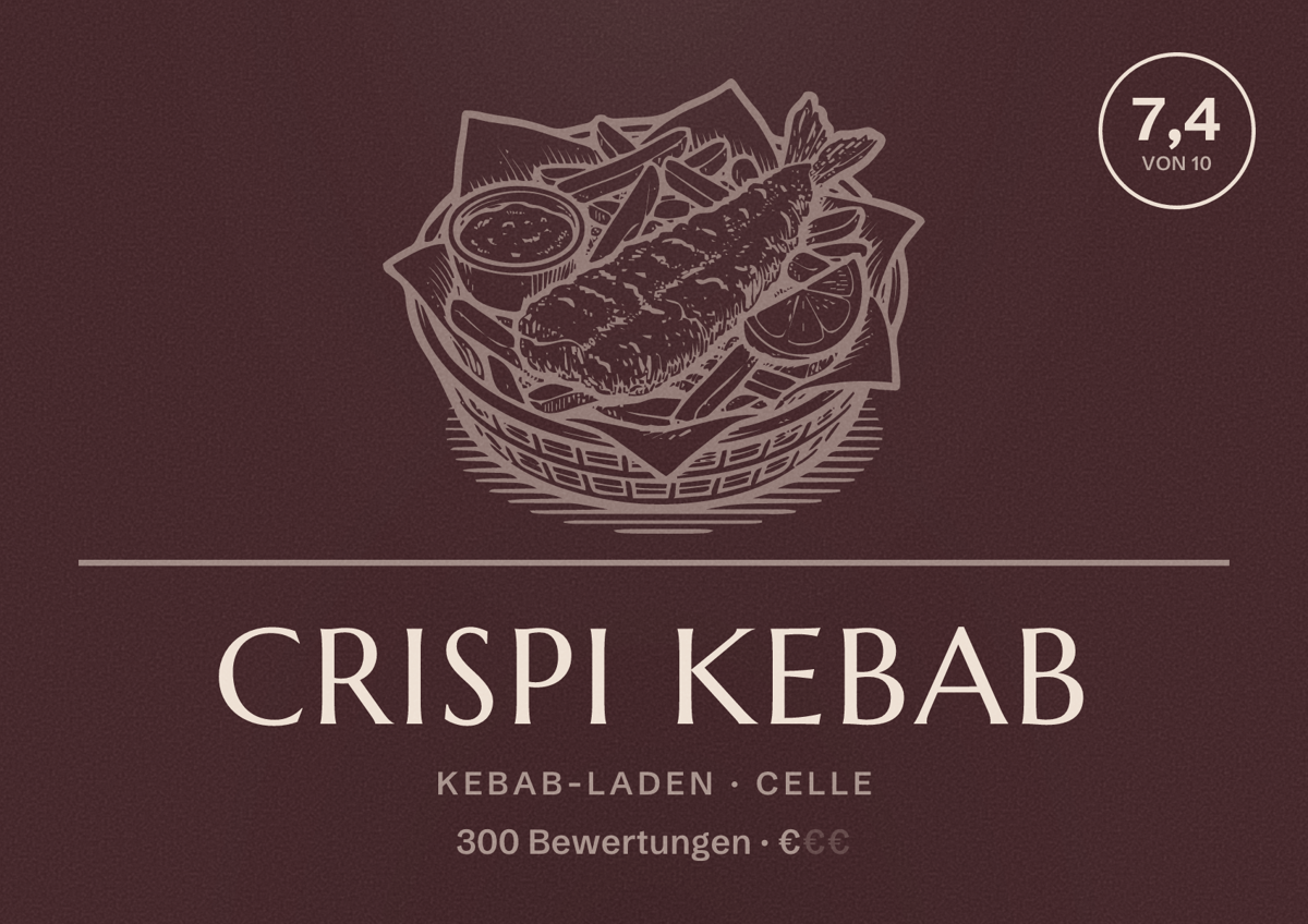 Illustriertes Poster von Crispi Kebab, Kebab-Laden in Celle: Bewertung 7,4 von 10 aus 300 Bewertungen, Preisniveau €
