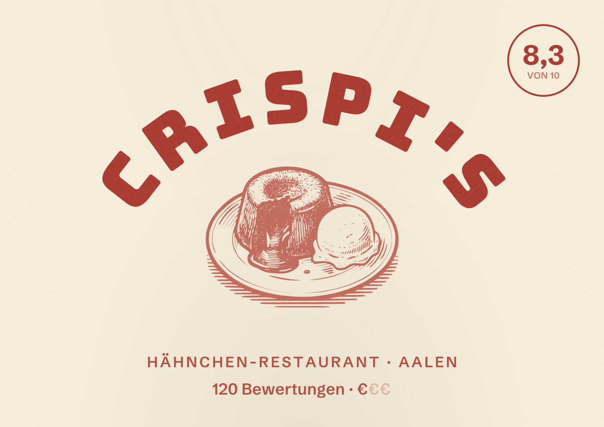Illustriertes Poster von CRISPI'S, Hähnchen-Restaurant in Aalen: Bewertung 8,3 von 10 aus 120 Bewertungen, Preisniveau €