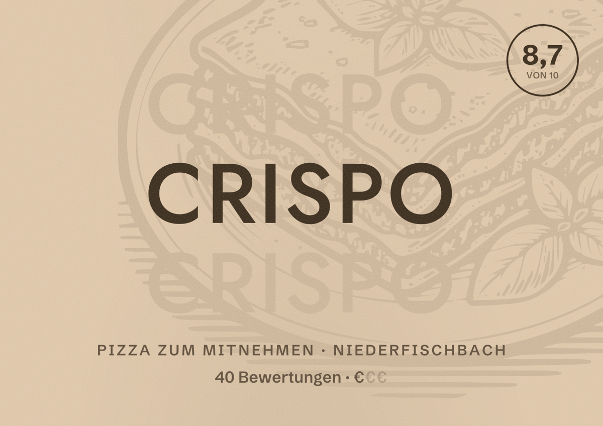 Illustriertes Poster von Crispo, Pizza zum Mitnehmen in Niederfischbach: Bewertung 8,7 von 10 aus 40 Bewertungen, Preisniveau €