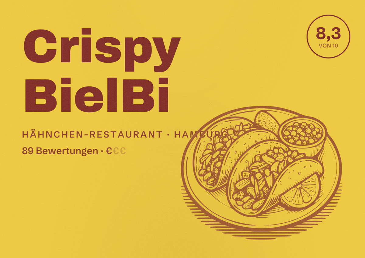 Illustriertes Poster von Crispy BielBi, Hähnchen-Restaurant in Hamburg: Bewertung 8,3 von 10 aus 89 Bewertungen, Preisniveau €