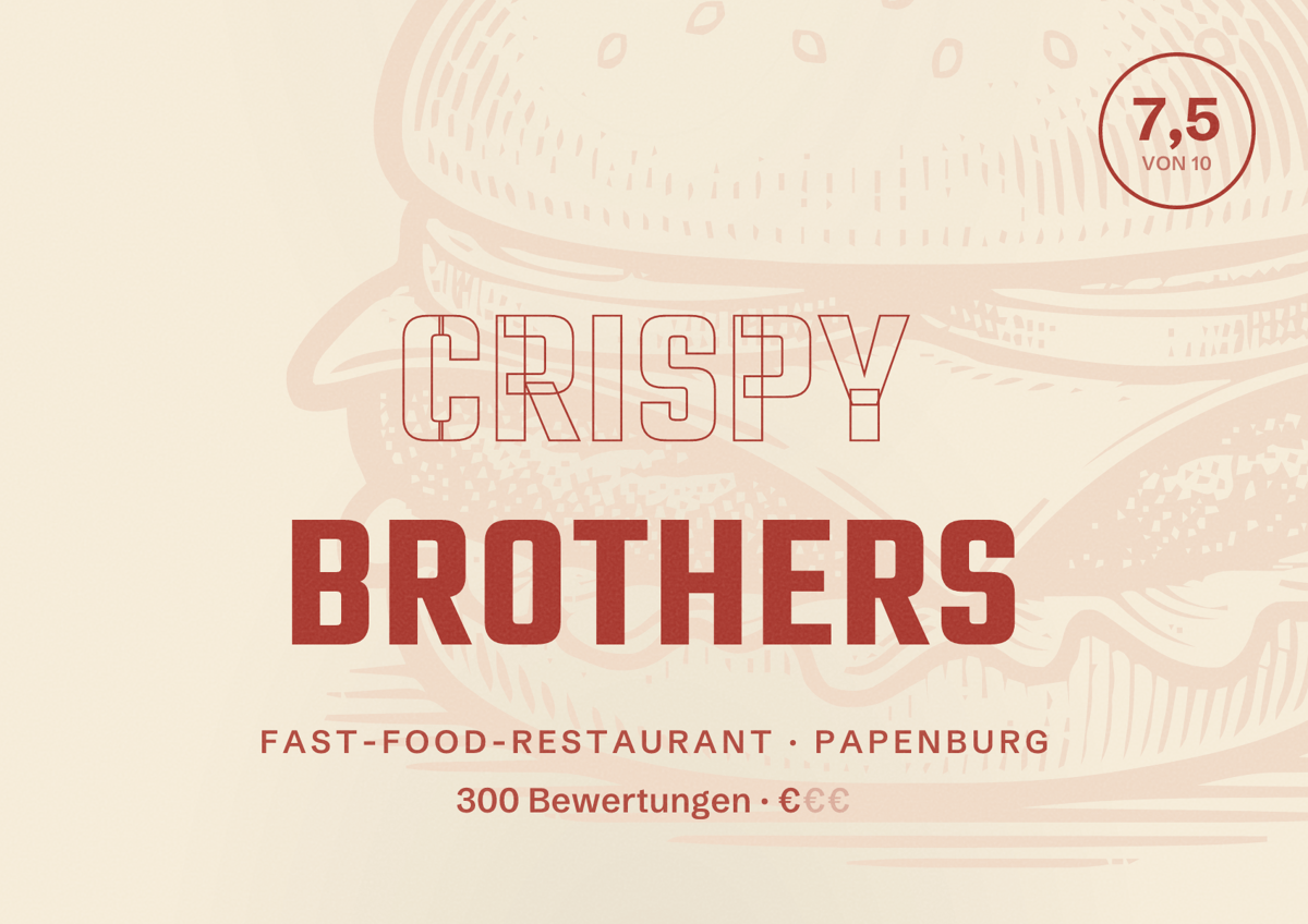 Illustriertes Poster von Crispy Brothers, Fast-Food-Restaurant in Papenburg: Bewertung 7,5 von 10 aus 300 Bewertungen, Preisniveau €