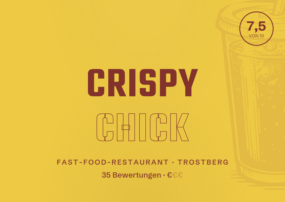 Illustriertes Poster von Crispy Chick, Fast-Food-Restaurant in Trostberg: Bewertung 7,5 von 10 aus 35 Bewertungen, Preisniveau €