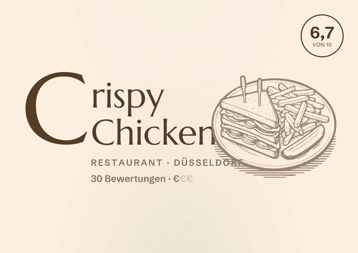 Illustriertes Poster von Crispy Chicken, Restaurant in Düsseldorf: Bewertung 6,7 von 10 aus 30 Bewertungen, Preisniveau €