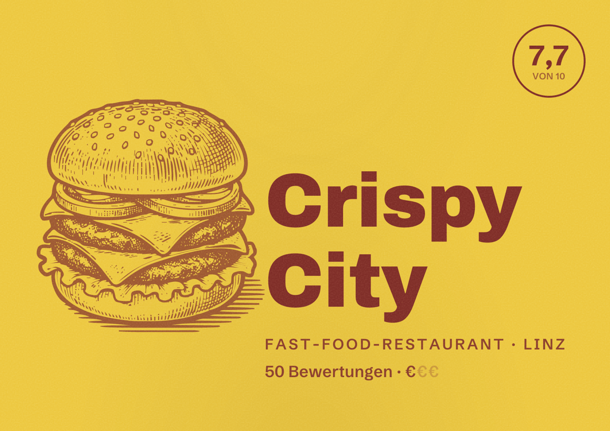 Illustriertes Poster von Crispy City, Fast-Food-Restaurant in Linz: Bewertung 7,7 von 10 aus 50 Bewertungen, Preisniveau €
