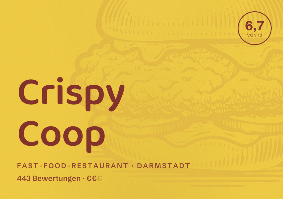 Illustriertes Poster von Crispy Coop, Fast-Food-Restaurant in Darmstadt: Bewertung 6,7 von 10 aus 443 Bewertungen, Preisniveau €€