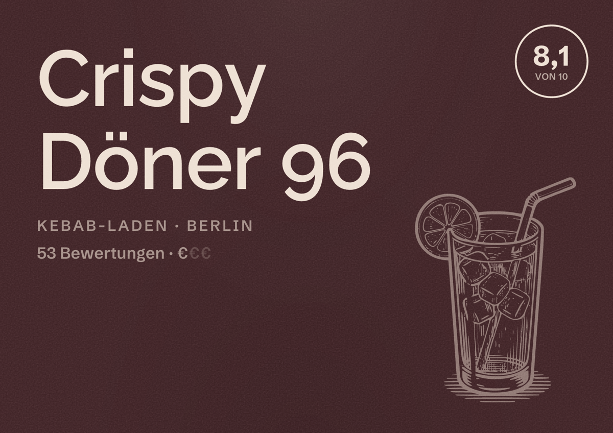 Illustriertes Poster von Crispy Döner 96, Kebab-Laden in Berlin: Bewertung 8,1 von 10 aus 53 Bewertungen, Preisniveau €