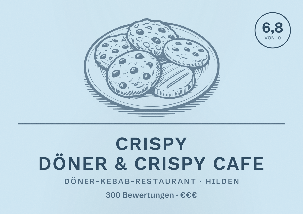 Illustriertes Poster von Crispy Döner & Crispy Cafe, Döner-Kebab-Restaurant in Hilden: Bewertung 6,8 von 10 aus 300 Bewertungen, Preisniveau €€€