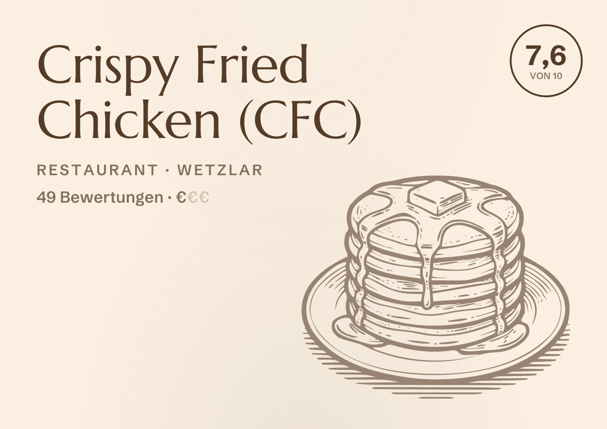 Illustriertes Poster von Crispy Fried Chicken (CFC), Restaurant in Wetzlar: Bewertung 7,6 von 10 aus 49 Bewertungen, Preisniveau €