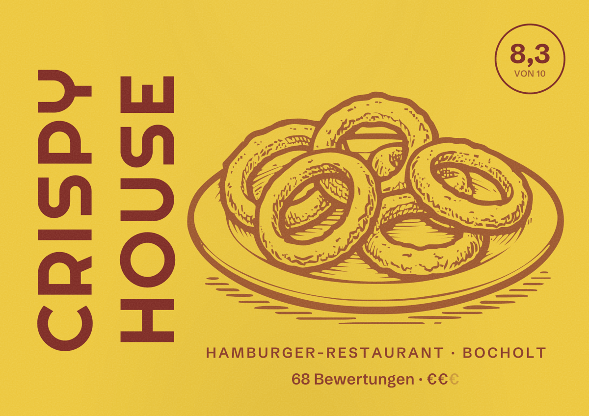 Illustriertes Poster von Crispy House, Hamburger-Restaurant in Bocholt: Bewertung 8,3 von 10 aus 68 Bewertungen, Preisniveau €€