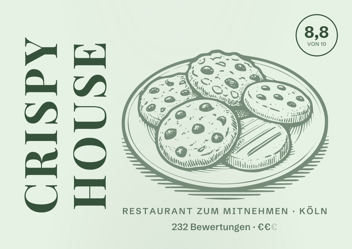 Illustriertes Poster von Crispy House, Restaurant zum Mitnehmen in Köln: Bewertung 8,8 von 10 aus 232 Bewertungen, Preisniveau €€
