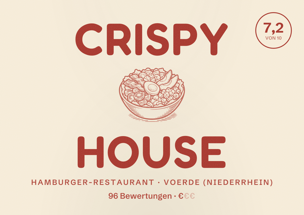 Illustriertes Poster von Crispy House, Hamburger-Restaurant in Voerde (Niederrhein): Bewertung 7,2 von 10 aus 96 Bewertungen, Preisniveau €