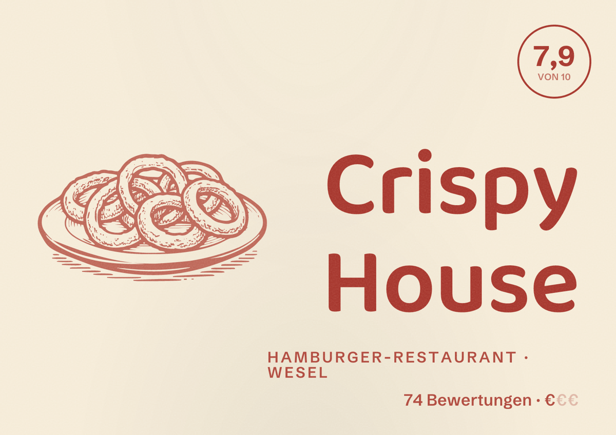 Illustriertes Poster von Crispy House, Hamburger-Restaurant in Wesel: Bewertung 7,9 von 10 aus 74 Bewertungen, Preisniveau €