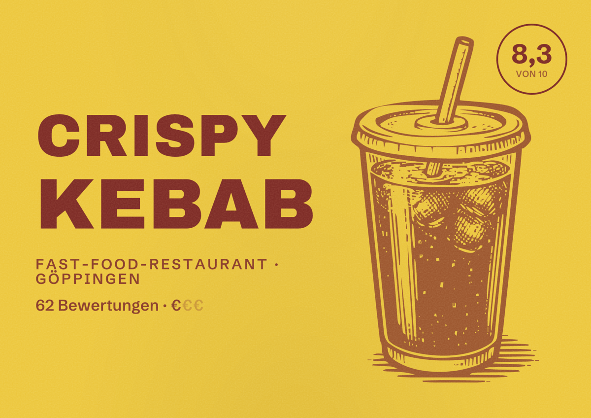 Illustriertes Poster von Crispy Kebab, Fast-Food-Restaurant in Göppingen: Bewertung 8,3 von 10 aus 62 Bewertungen, Preisniveau €