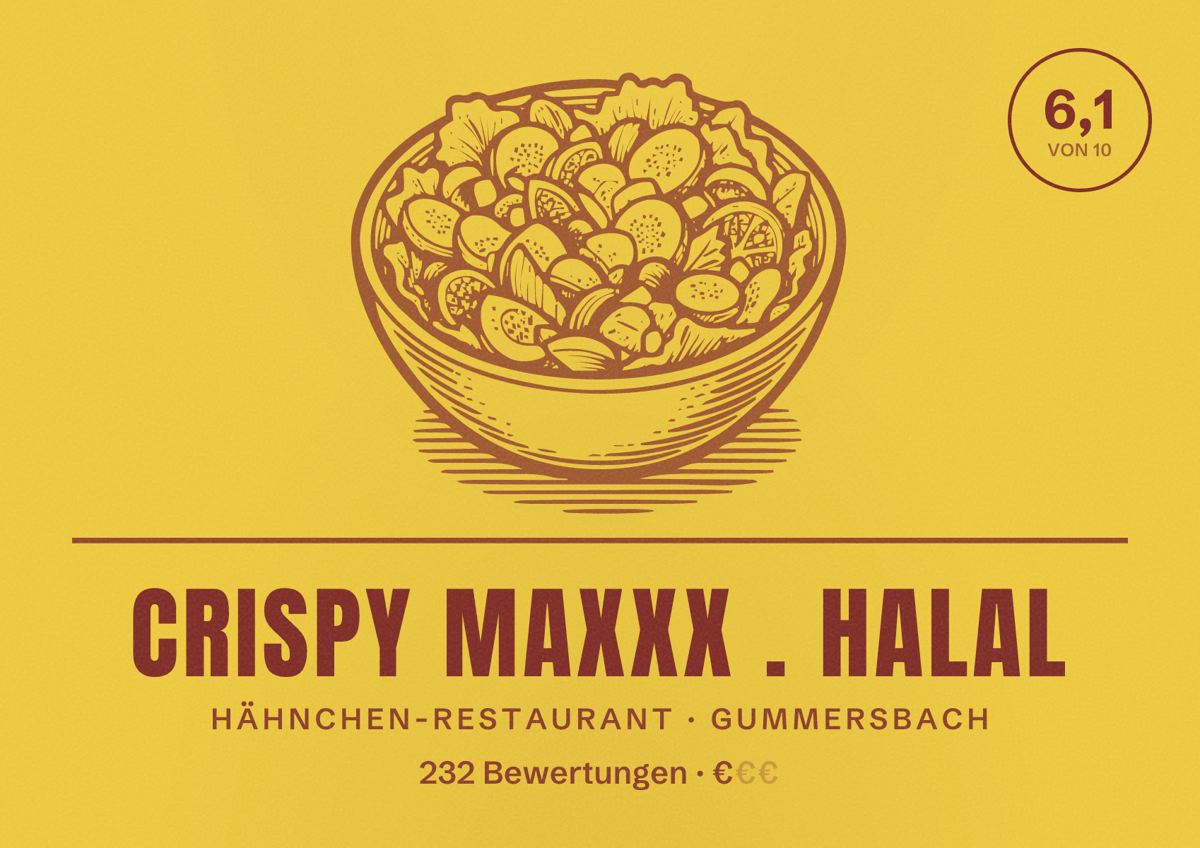 Illustriertes Poster von Crispy MaxXx . Halal, Hähnchen-Restaurant in Gummersbach: Bewertung 6,1 von 10 aus 232 Bewertungen, Preisniveau €