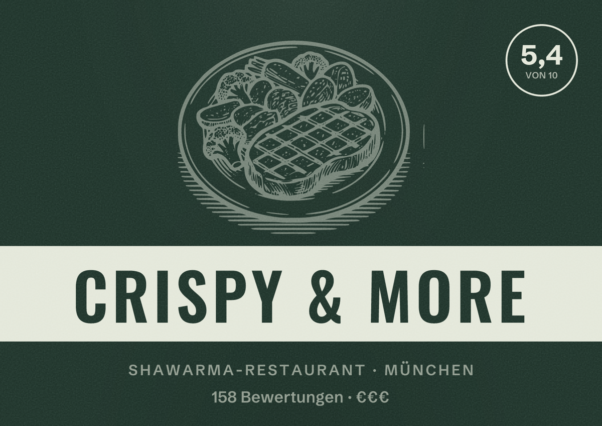 Illustriertes Poster von Crispy & More, Shawarma-Restaurant in München: Bewertung 5,4 von 10 aus 158 Bewertungen, Preisniveau €€€