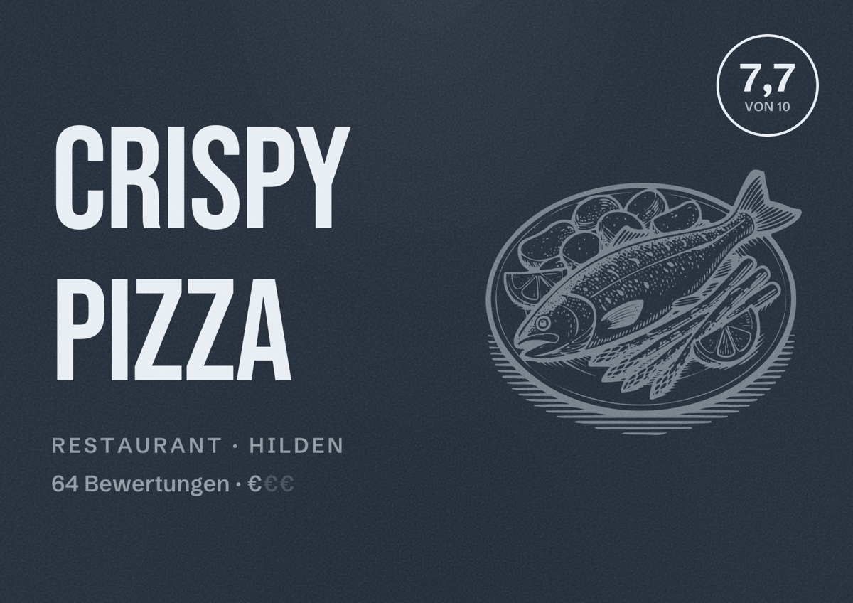 Illustriertes Poster von Crispy Pizza, Restaurant in Hilden: Bewertung 7,7 von 10 aus 64 Bewertungen, Preisniveau €