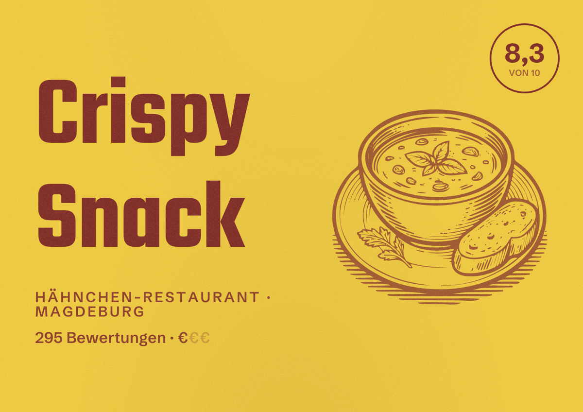 Illustriertes Poster von Crispy Snack, Hähnchen-Restaurant in Magdeburg: Bewertung 8,3 von 10 aus 295 Bewertungen, Preisniveau €