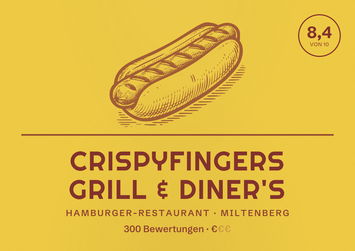 Illustriertes Poster von Crispyfingers grill & diner's, Hamburger-Restaurant in Miltenberg: Bewertung 8,4 von 10 aus 300 Bewertungen, Preisniveau €