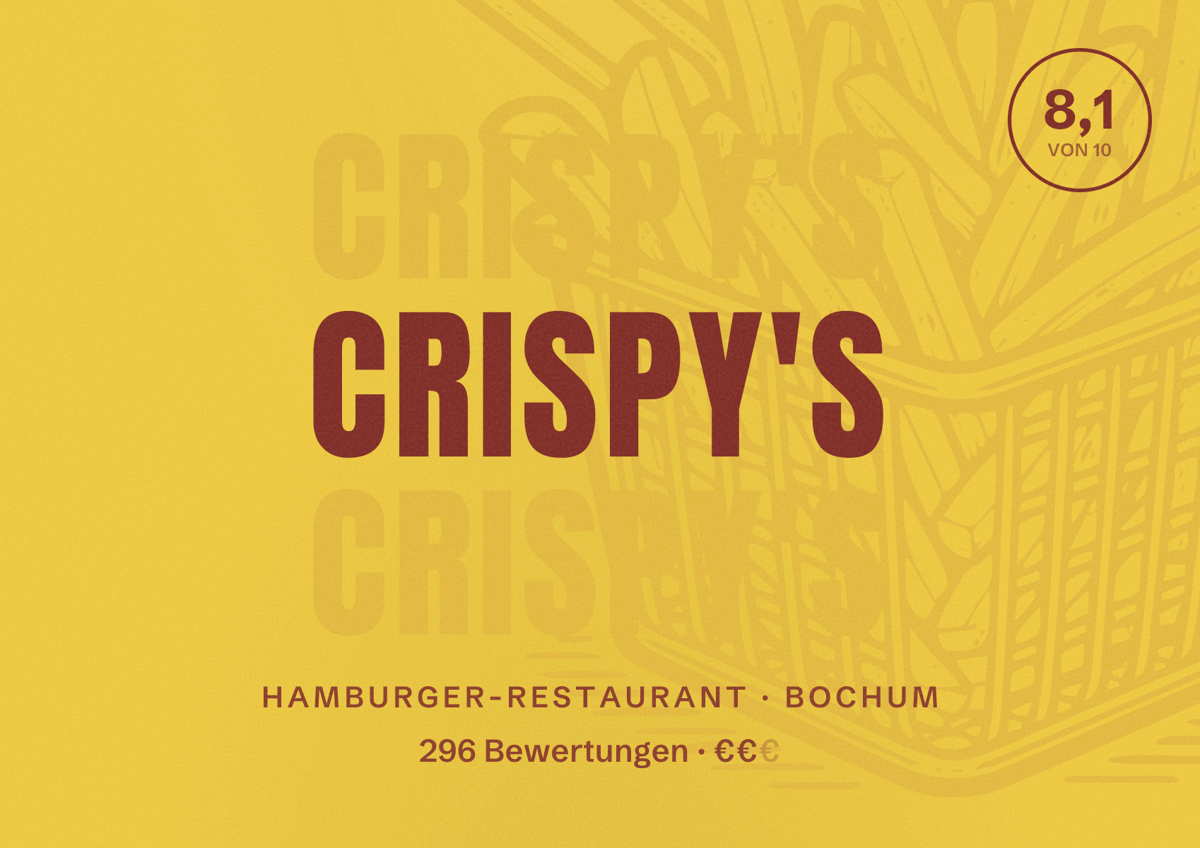 Illustriertes Poster von Crispy's, Hamburger-Restaurant in Bochum: Bewertung 8,1 von 10 aus 296 Bewertungen, Preisniveau €€