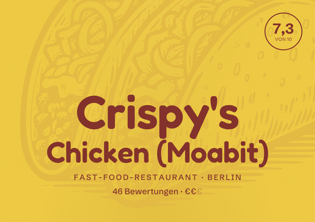 Illustriertes Poster von Crispy's Chicken (Moabit), Fast-Food-Restaurant in Berlin: Bewertung 7,3 von 10 aus 46 Bewertungen, Preisniveau €€