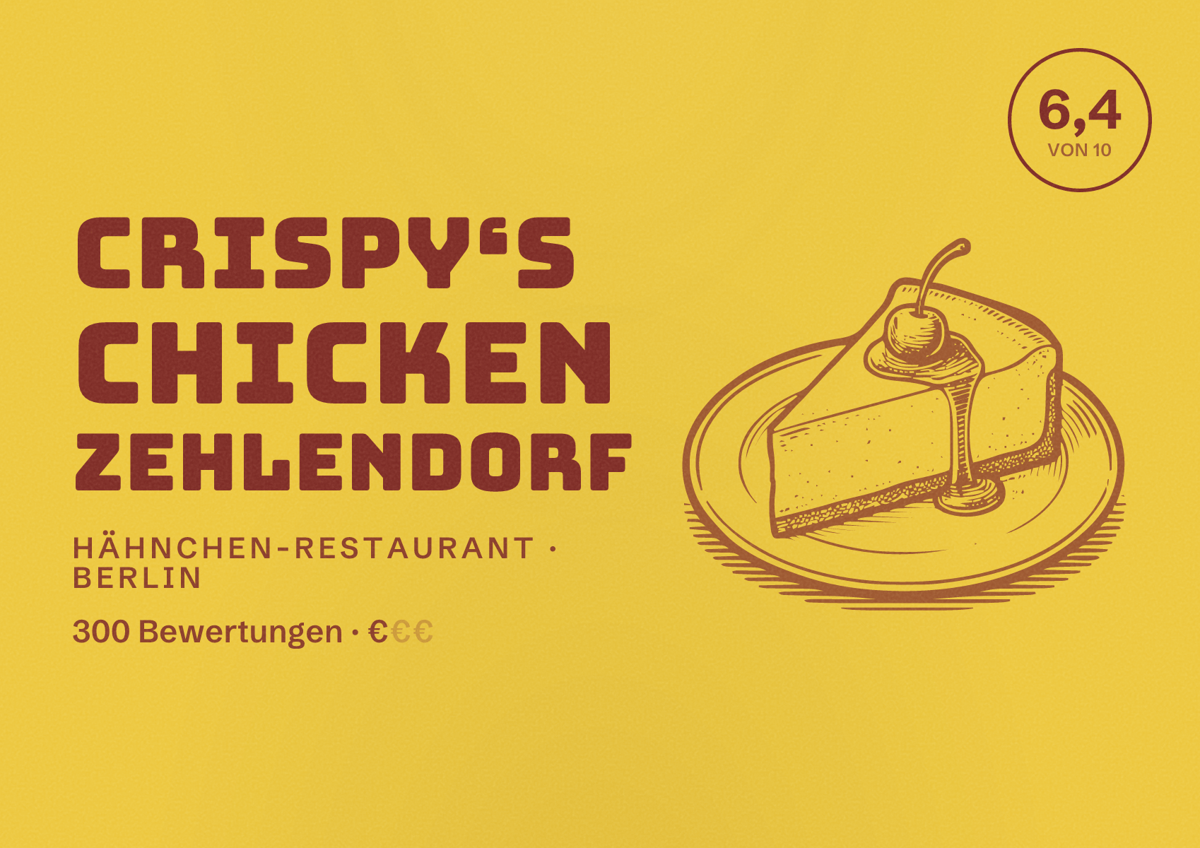 Illustriertes Poster von Crispy‘s Chicken Zehlendorf, Hähnchen-Restaurant in Berlin: Bewertung 6,4 von 10 aus 300 Bewertungen, Preisniveau €