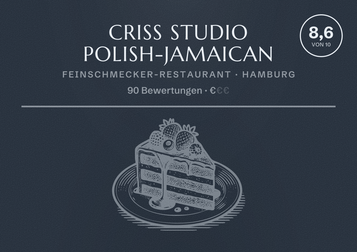 Illustriertes Poster von Criss Studio Polish-Jamaican, Feinschmecker-Restaurant in Hamburg: Bewertung 8,6 von 10 aus 90 Bewertungen, Preisniveau €