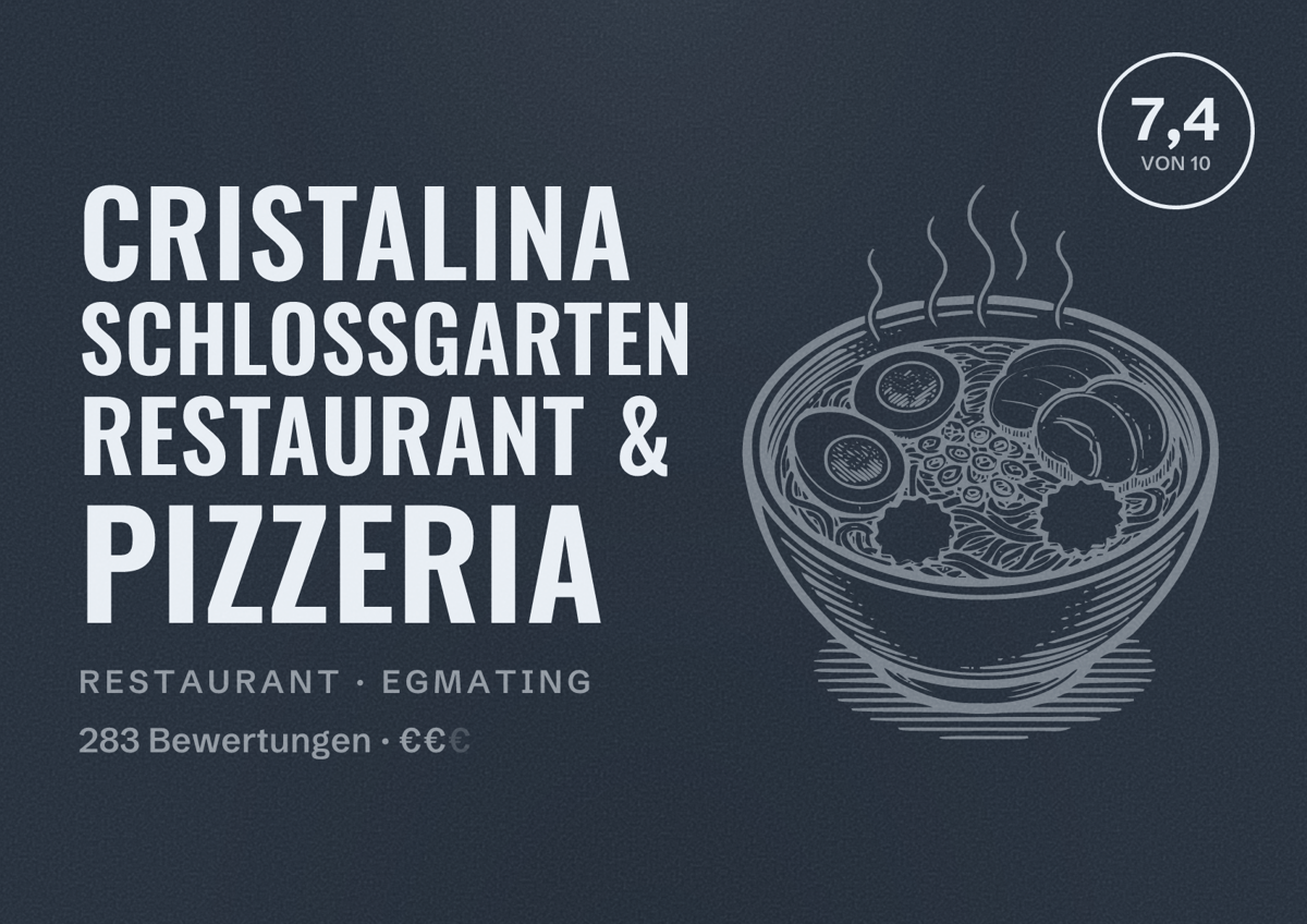 Illustriertes Poster von Cristalina Schlossgarten Restaurant & Pizzeria, Restaurant in Egmating: Bewertung 7,4 von 10 aus 283 Bewertungen, Preisniveau €€