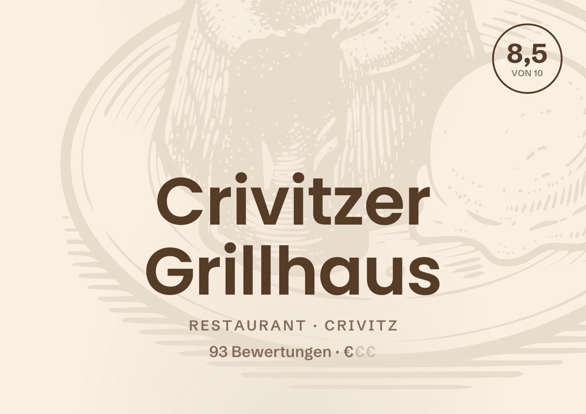 Illustriertes Poster von Crivitzer Grillhaus, Restaurant in Crivitz: Bewertung 8,5 von 10 aus 93 Bewertungen, Preisniveau €