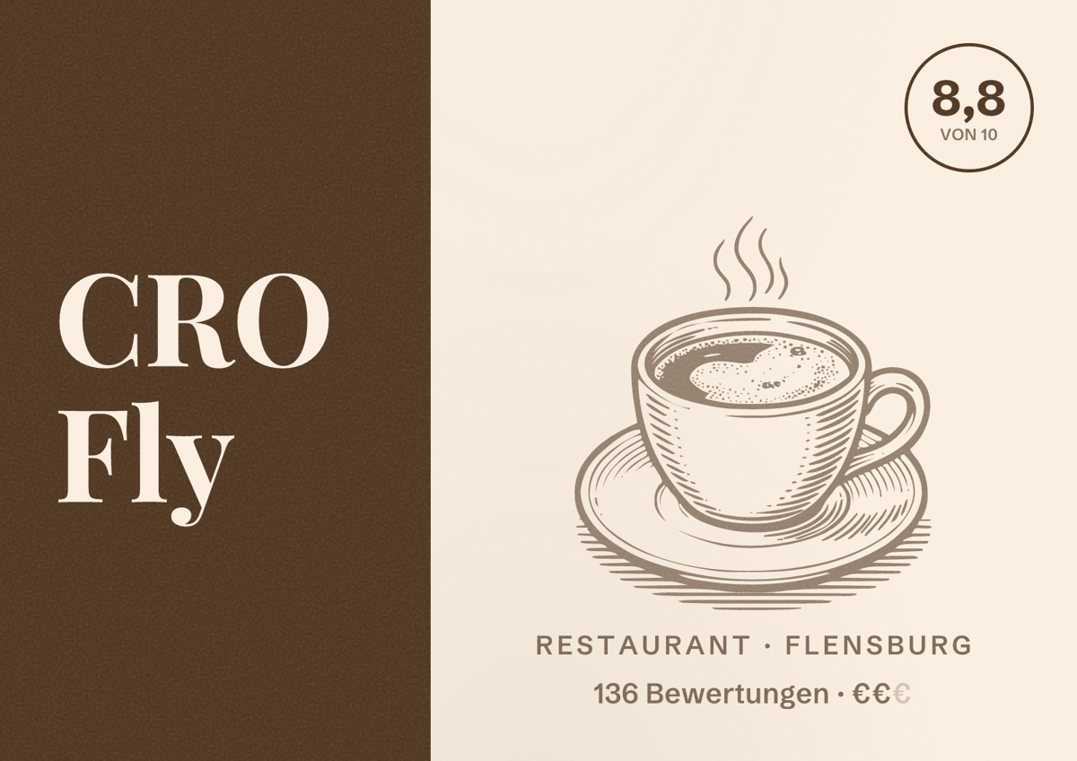 Illustriertes Poster von CRO Fly, Restaurant in Flensburg: Bewertung 8,8 von 10 aus 136 Bewertungen, Preisniveau €€