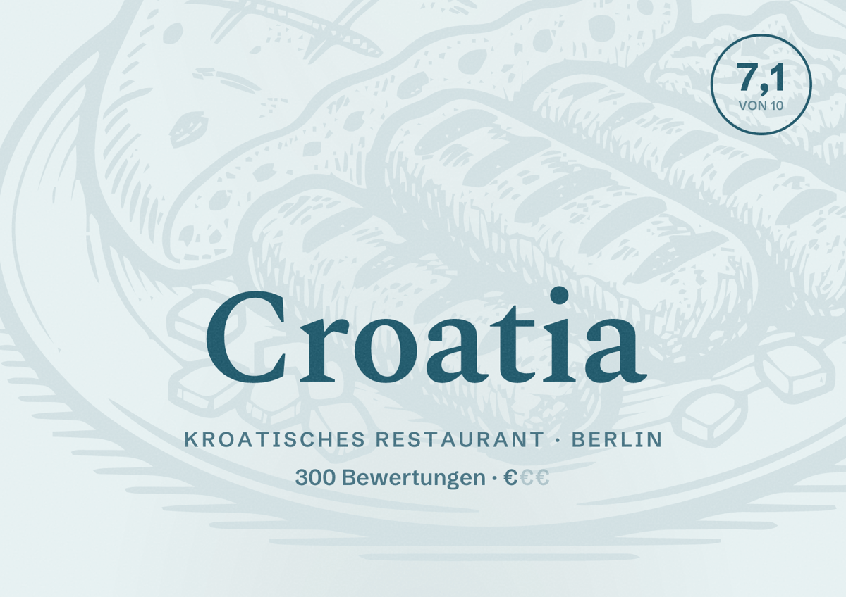 Illustriertes Poster von Croatia, Kroatisches Restaurant in Berlin: Bewertung 7,1 von 10 aus 300 Bewertungen, Preisniveau €