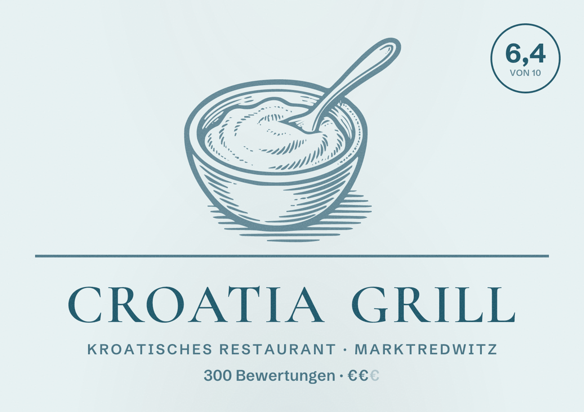 Illustriertes Poster von Croatia Grill, Kroatisches Restaurant in Marktredwitz: Bewertung 6,4 von 10 aus 300 Bewertungen, Preisniveau €€