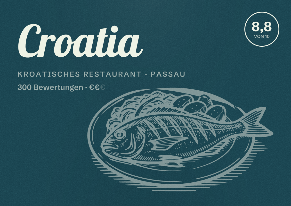 Illustriertes Poster von Croatia, Kroatisches Restaurant in Passau: Bewertung 8,8 von 10 aus 300 Bewertungen, Preisniveau €€