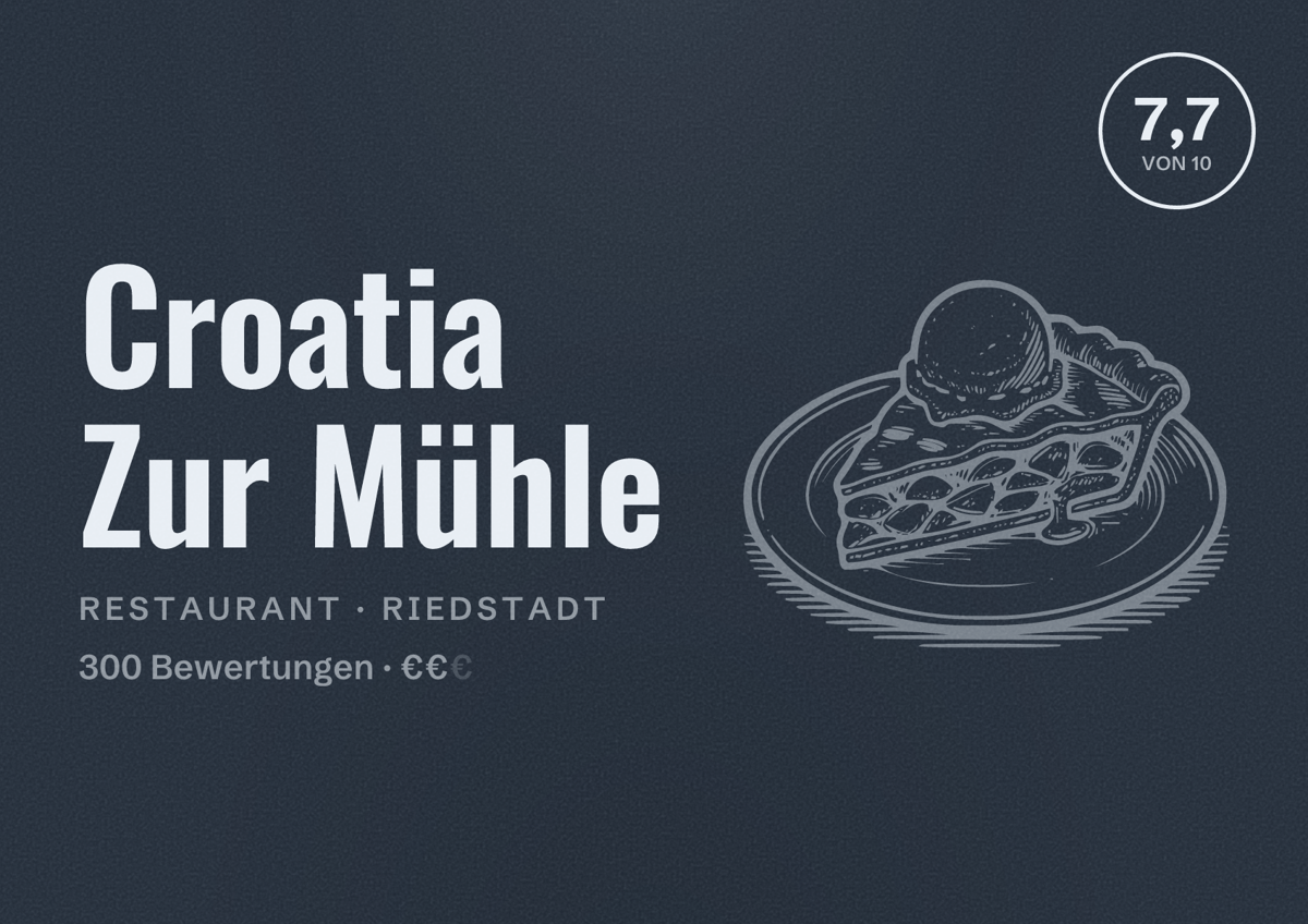 Illustriertes Poster von Croatia Zur Mühle, Restaurant in Riedstadt: Bewertung 7,7 von 10 aus 300 Bewertungen, Preisniveau €€